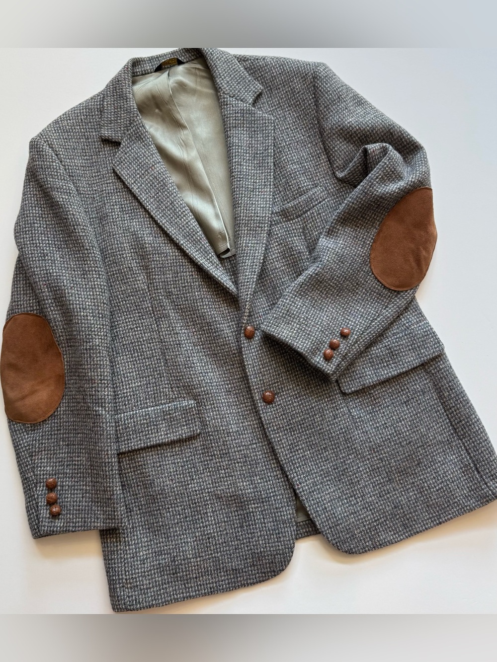 Vintage Harris Tweed Men’s 44R Scottish Wool Sport Coat Grey USA Made In 80s